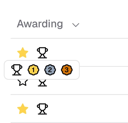 Awarding dropdown expanded — trophy with 1st, 2nd, 3rd placement badges
